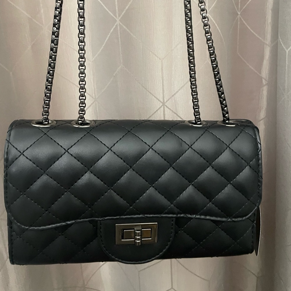 NWT Black faux leather bag with metal straps